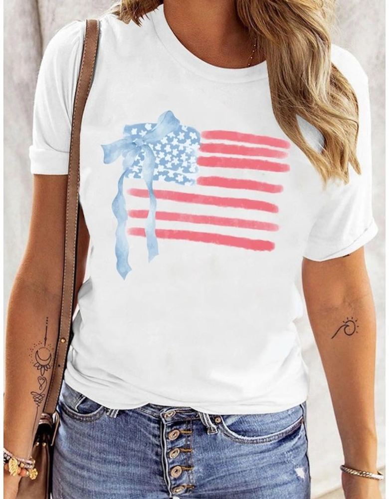 White American Flag Bow Knot Print Crew Neck T Shirt