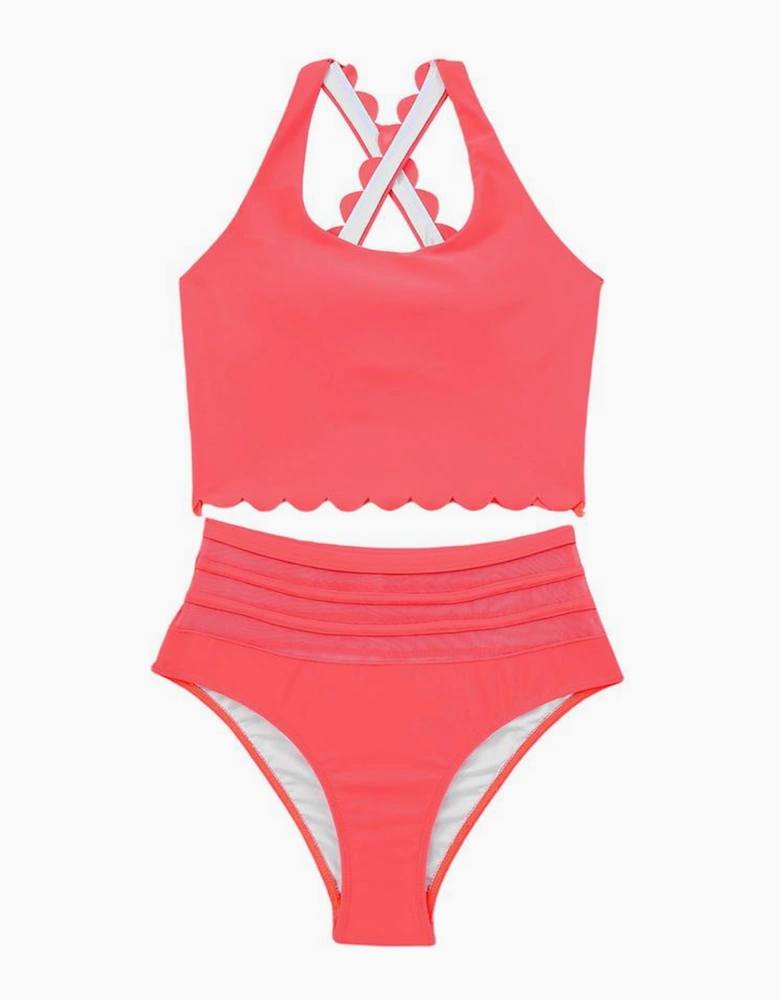 Pink Scalloped Criss Cross High Waist Bikini
