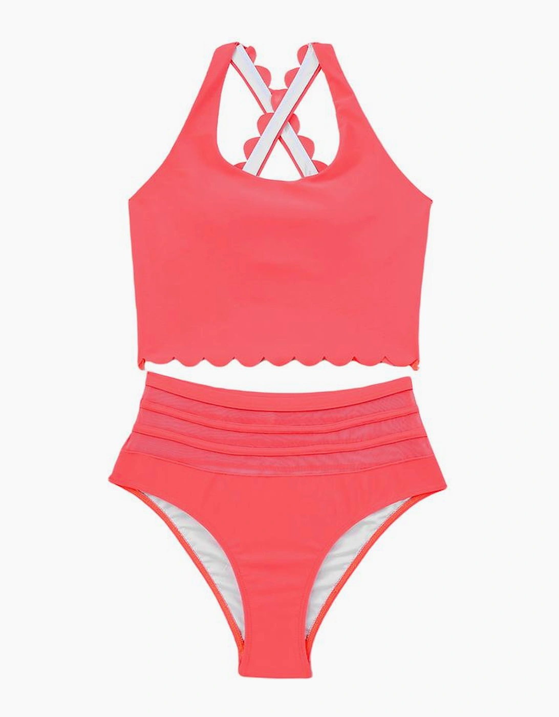 Pink Scalloped Criss Cross High Waist Bikini