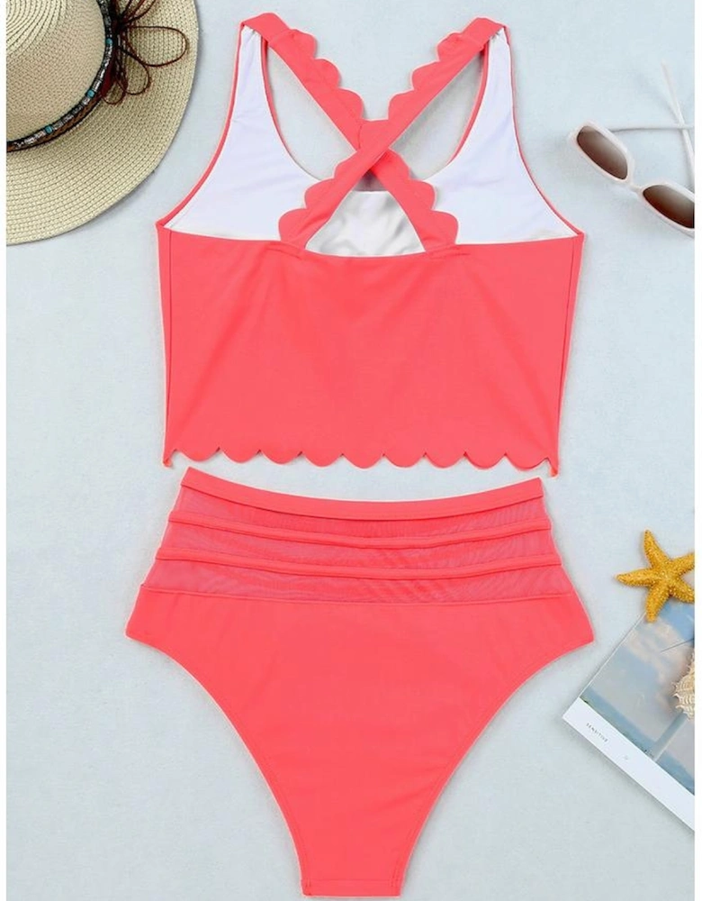 Pink Scalloped Criss Cross High Waist Bikini