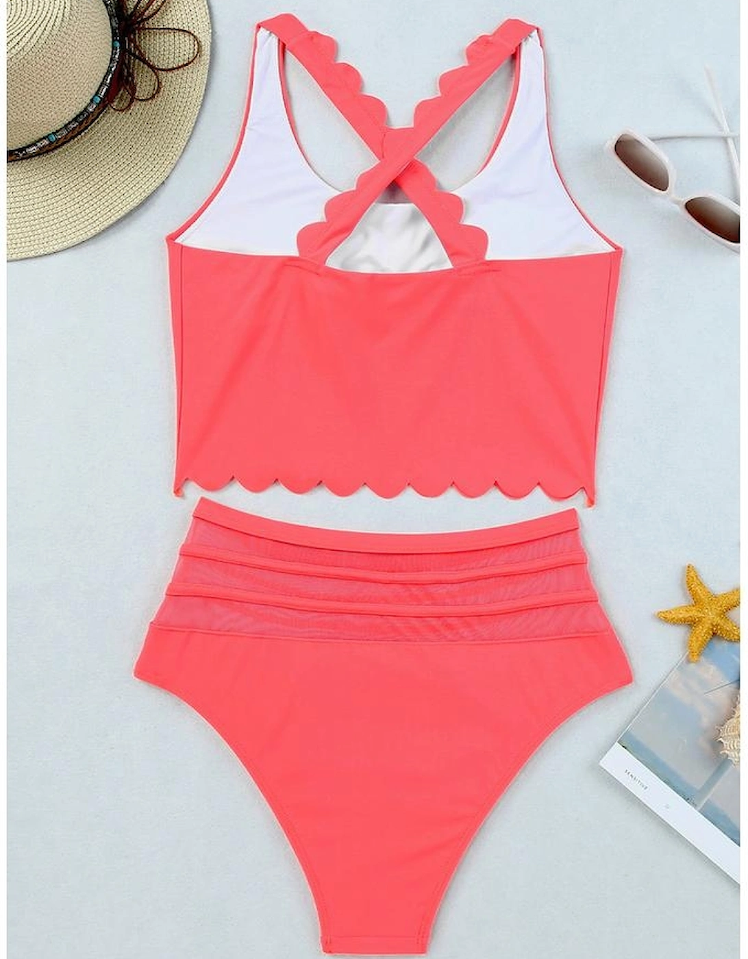 Pink Scalloped Criss Cross High Waist Bikini