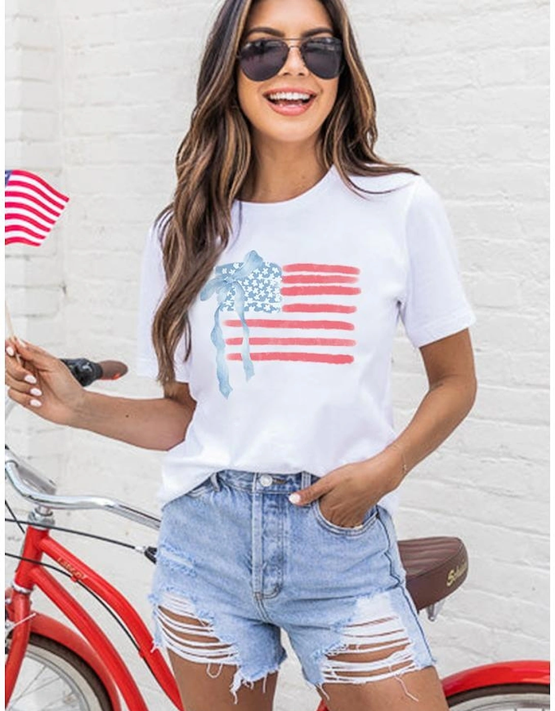White American Flag Bow Knot Print Crew Neck T Shirt