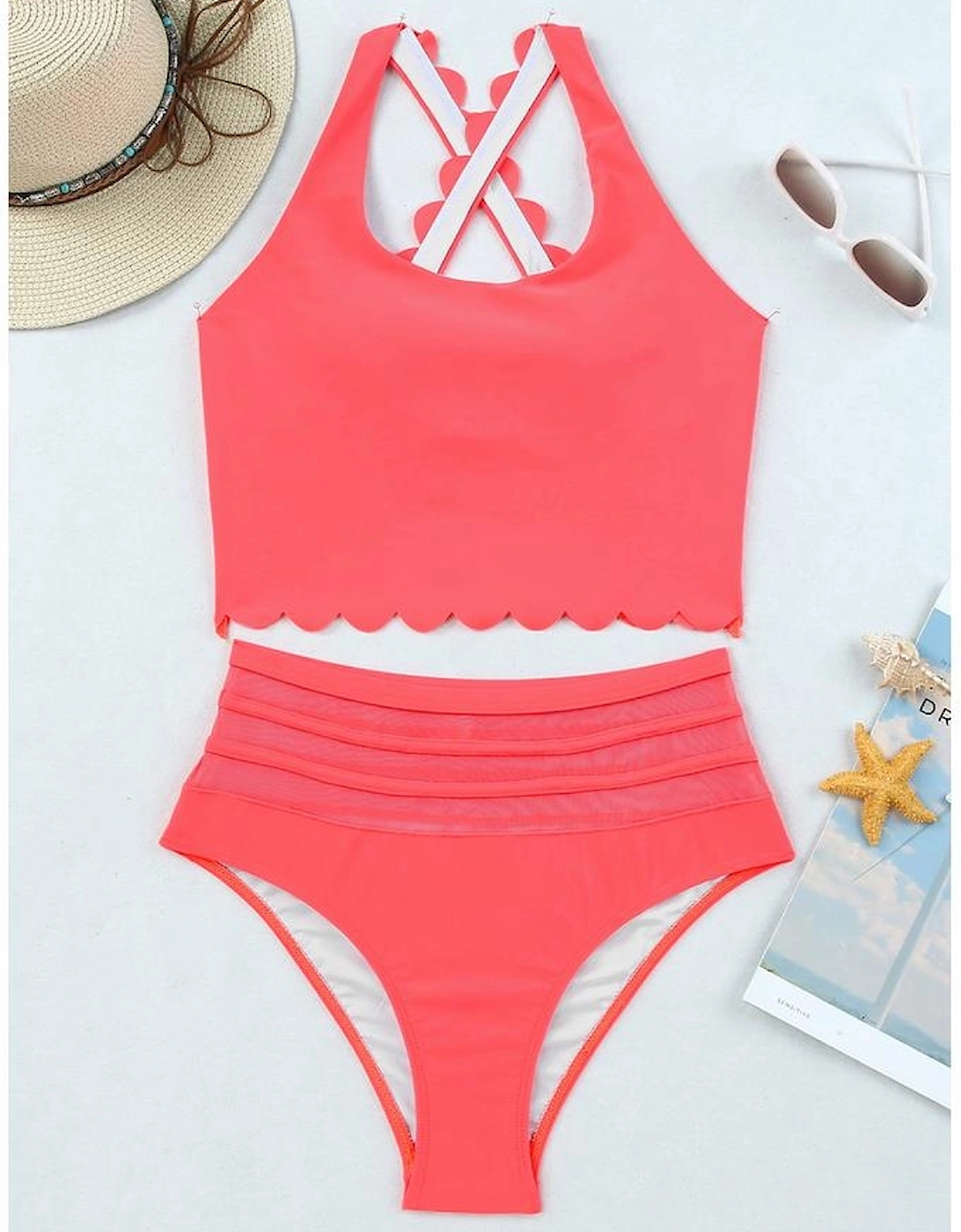 Pink Scalloped Criss Cross High Waist Bikini