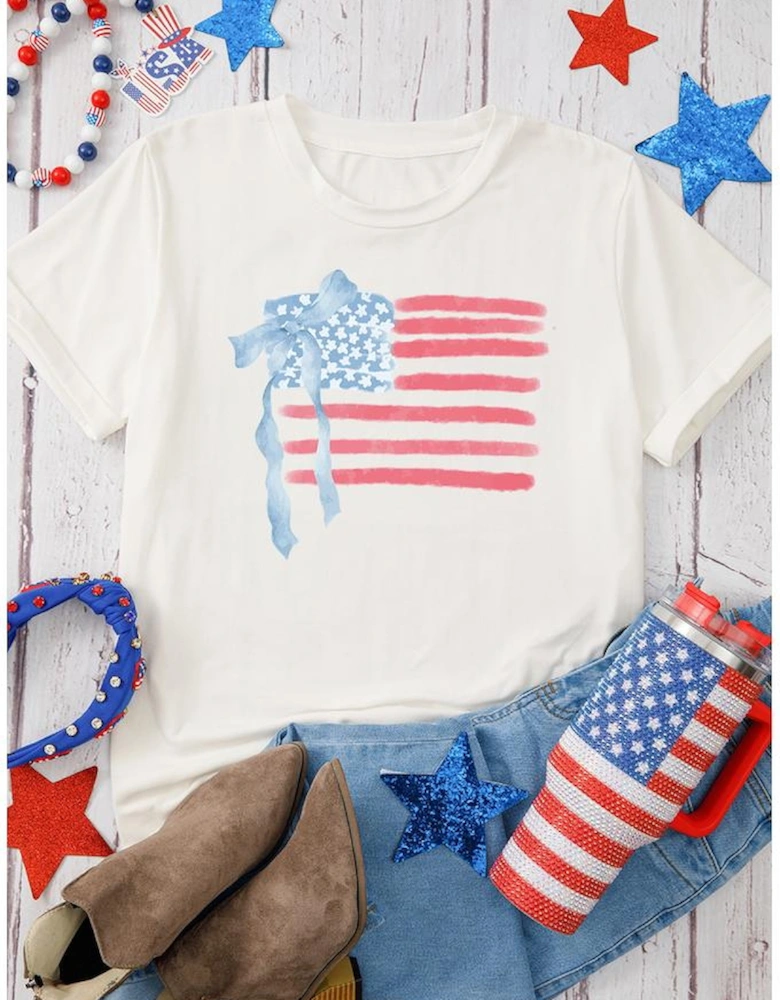 White American Flag Bow Knot Print Crew Neck T Shirt