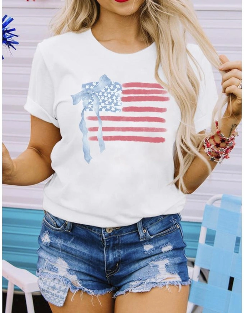 White American Flag Bow Knot Print Crew Neck T Shirt