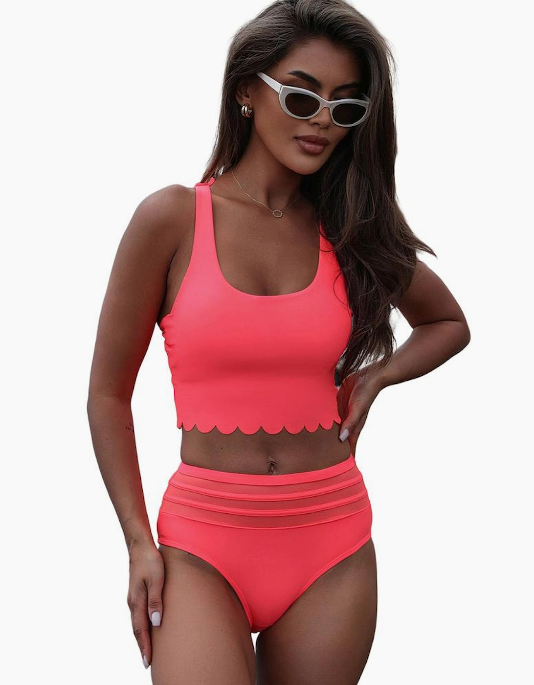 Pink Scalloped Criss Cross High Waist Bikini