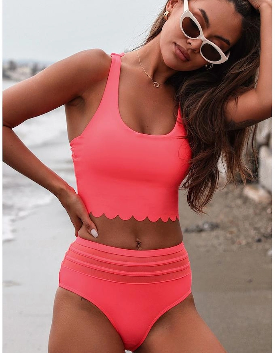 Pink Scalloped Criss Cross High Waist Bikini