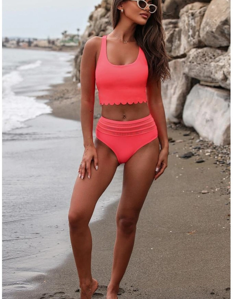 Pink Scalloped Criss Cross High Waist Bikini