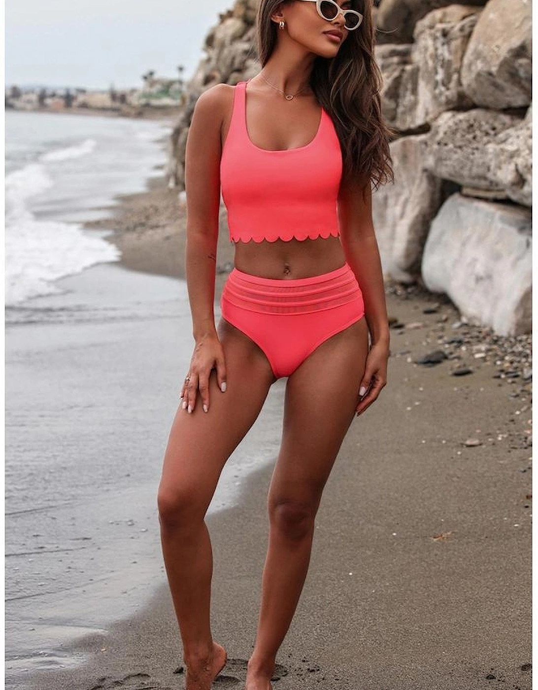 Pink Scalloped Criss Cross High Waist Bikini