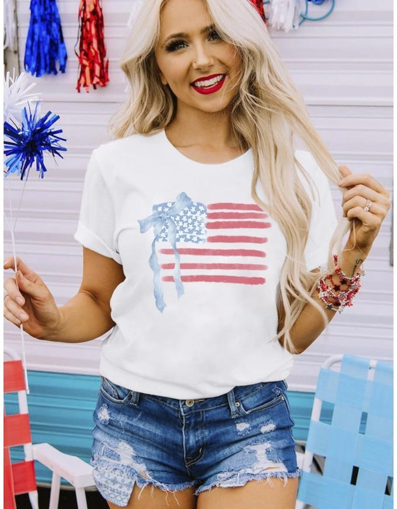 White American Flag Bow Knot Print Crew Neck T Shirt