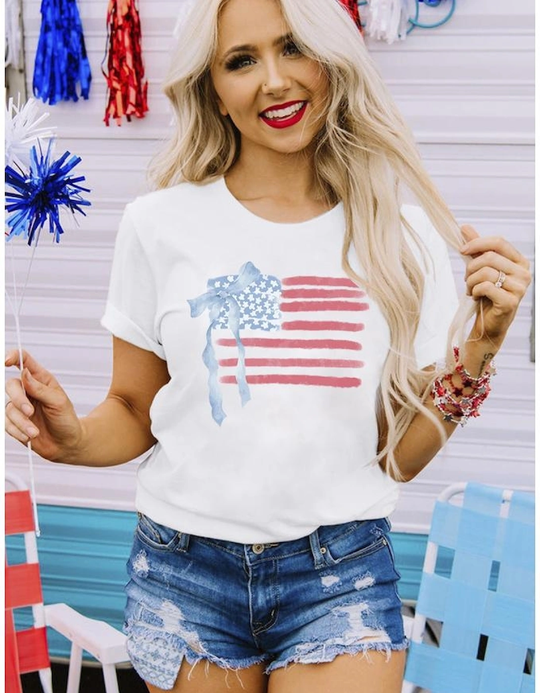 White American Flag Bow Knot Print Crew Neck T Shirt