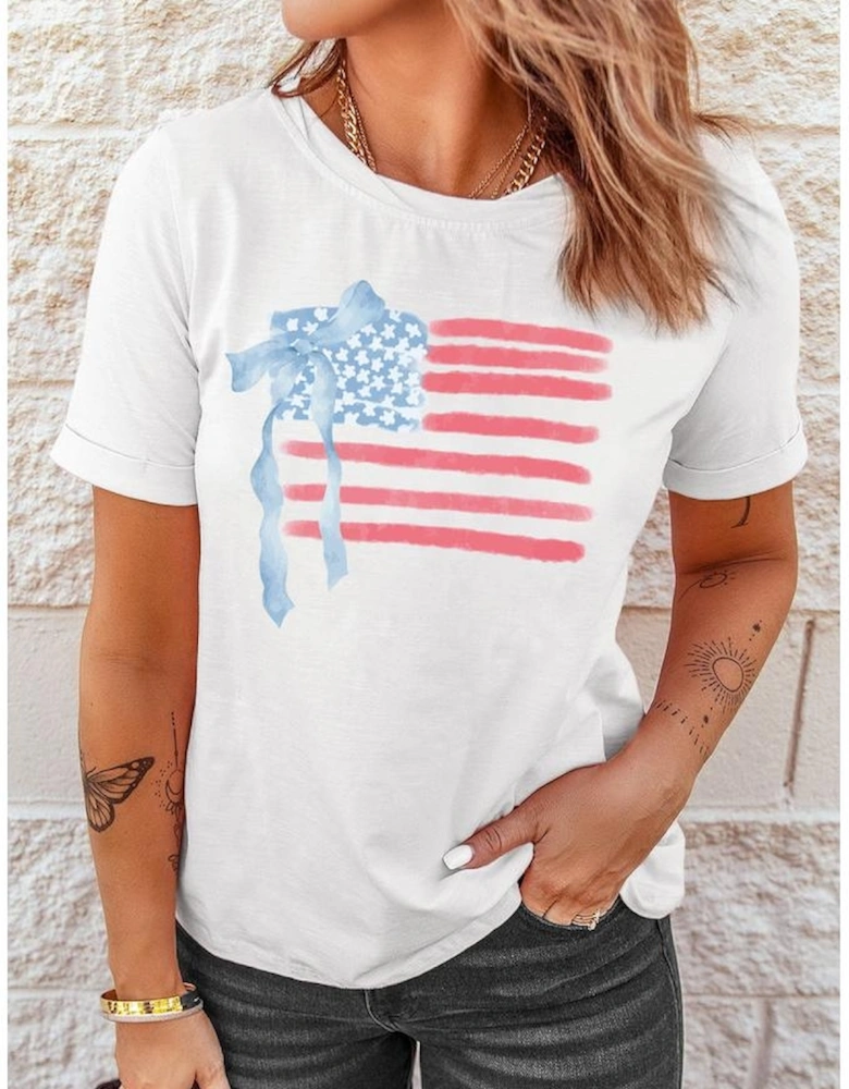 White American Flag Bow Knot Print Crew Neck T Shirt