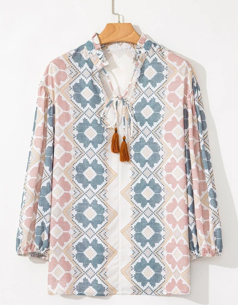 Khaki Geometric Print Tassel Tie Split Neck Balloon Sleeve Blouse