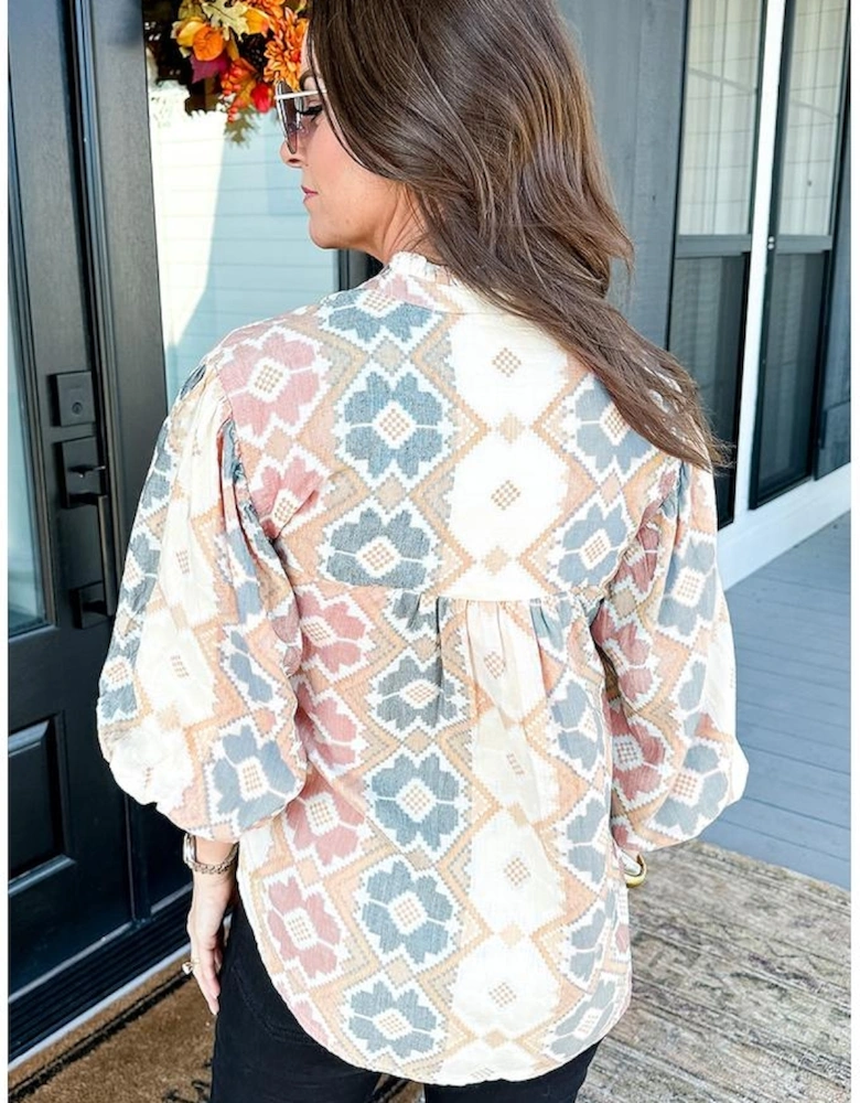 Khaki Geometric Print Tassel Tie Split Neck Balloon Sleeve Blouse