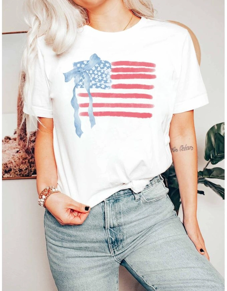 White American Flag Bow Knot Print Crew Neck T Shirt