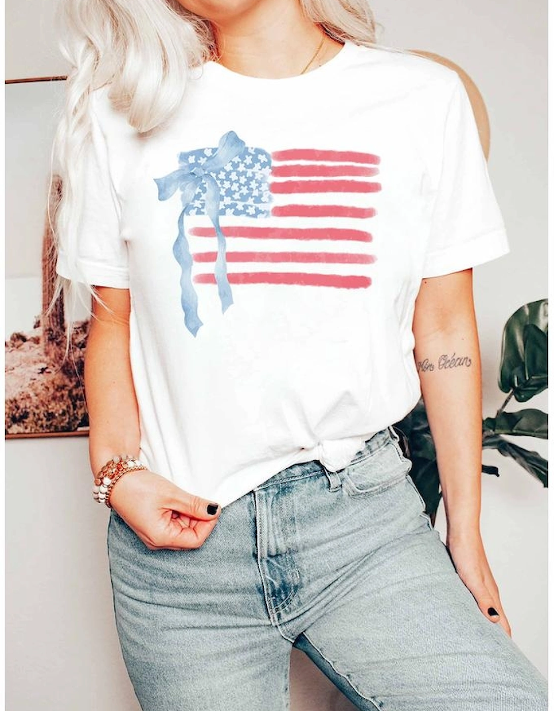 White American Flag Bow Knot Print Crew Neck T Shirt