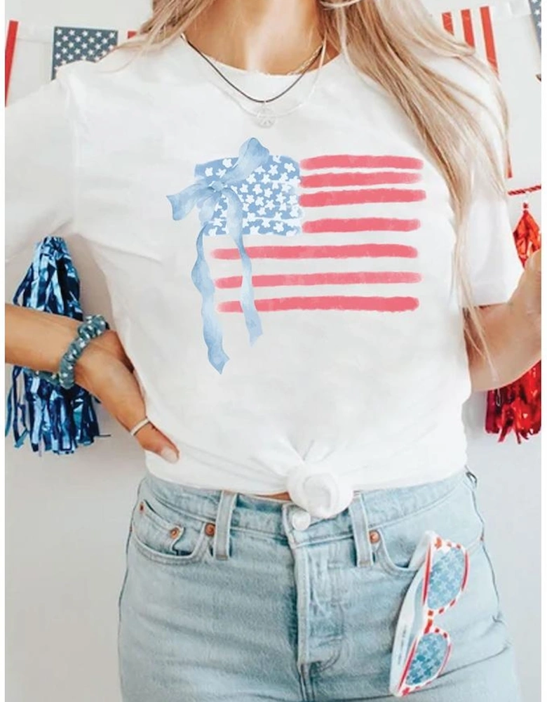 White American Flag Bow Knot Print Crew Neck T Shirt
