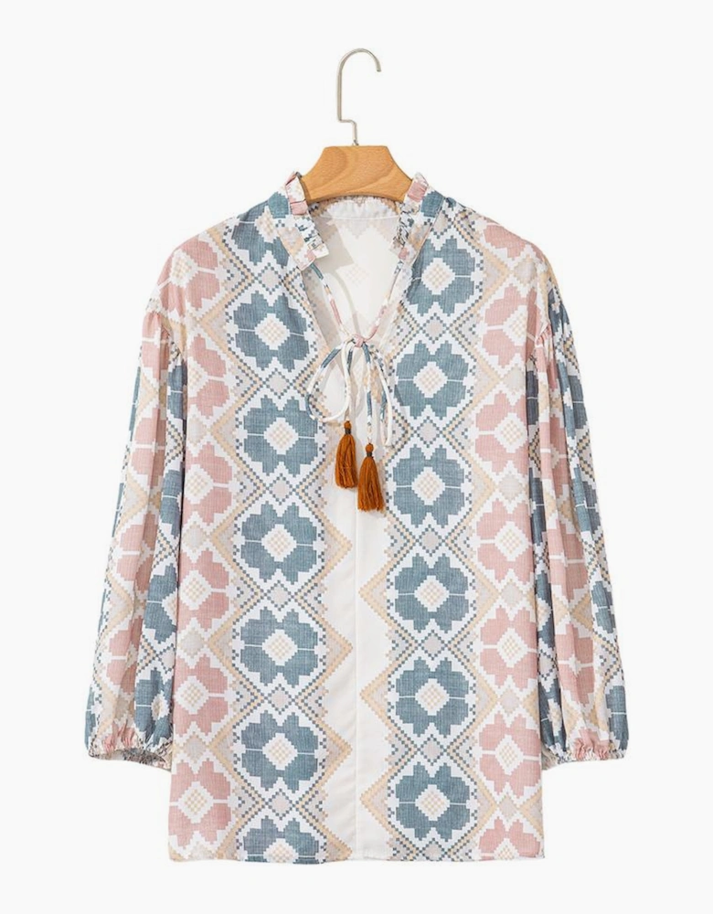 Khaki Geometric Print Tassel Tie Split Neck Balloon Sleeve Blouse