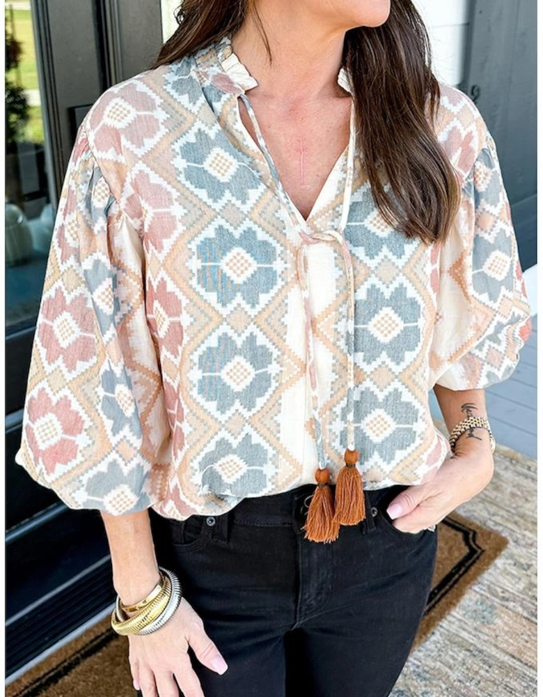Khaki Geometric Print Tassel Tie Split Neck Balloon Sleeve Blouse