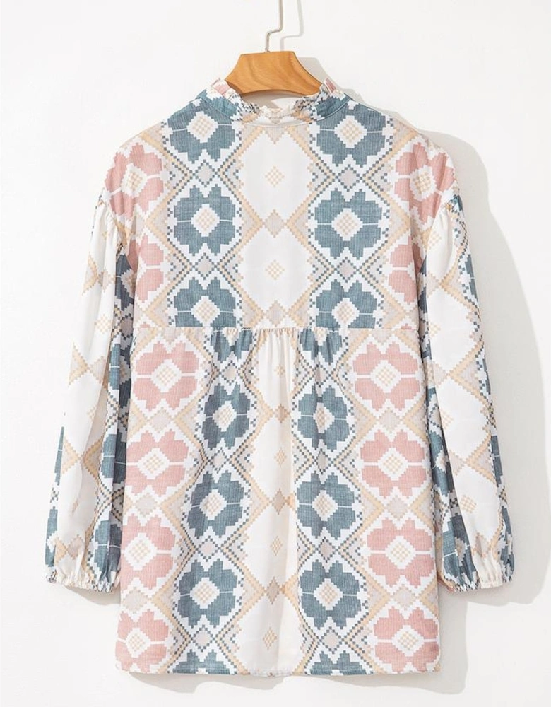 Khaki Geometric Print Tassel Tie Split Neck Balloon Sleeve Blouse