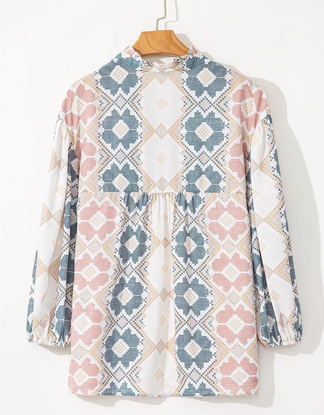 Khaki Geometric Print Tassel Tie Split Neck Balloon Sleeve Blouse