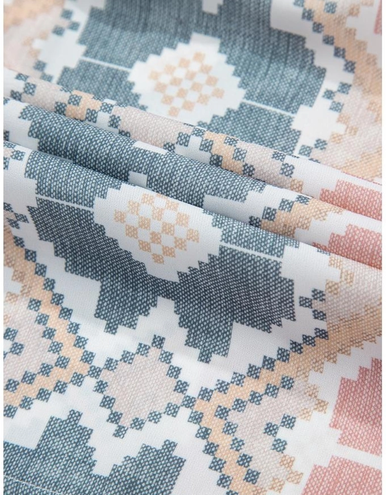 Khaki Geometric Print Tassel Tie Split Neck Balloon Sleeve Blouse