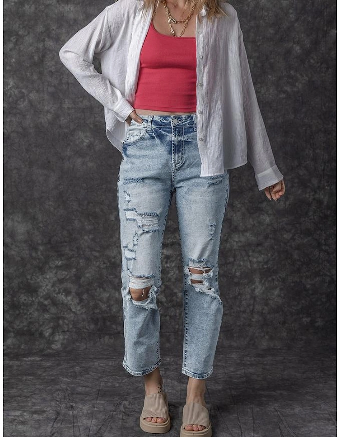 Sky Blue Light Wash Frayed Slim Fit High Waist Jeans