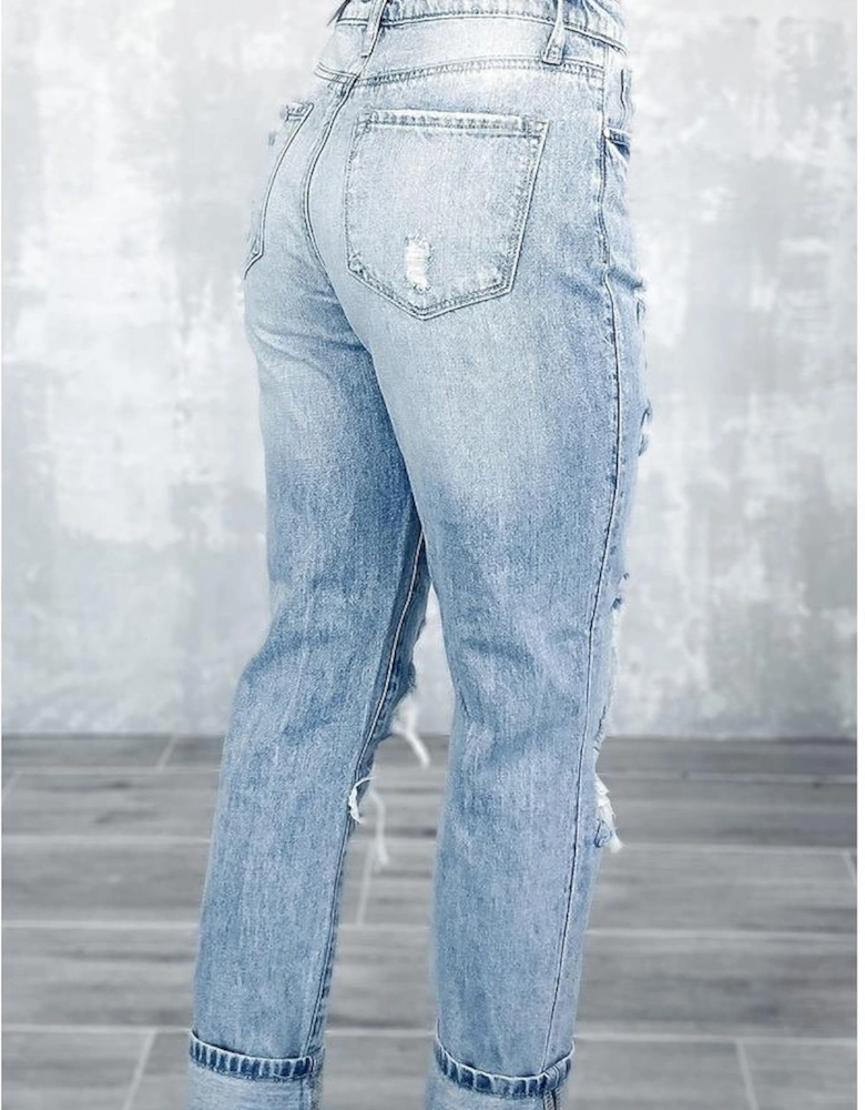 Sky Blue Light Wash Frayed Slim Fit High Waist Jeans
