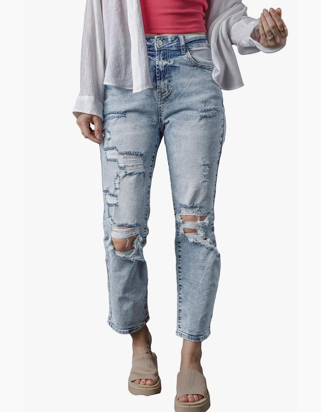 Sky Blue Light Wash Frayed Slim Fit High Waist Jeans