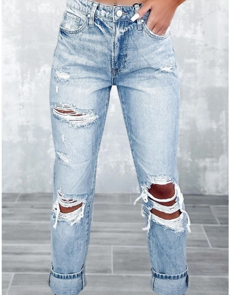Sky Blue Light Wash Frayed Slim Fit High Waist Jeans