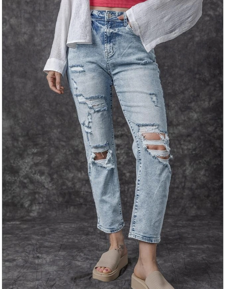 Sky Blue Light Wash Frayed Slim Fit High Waist Jeans