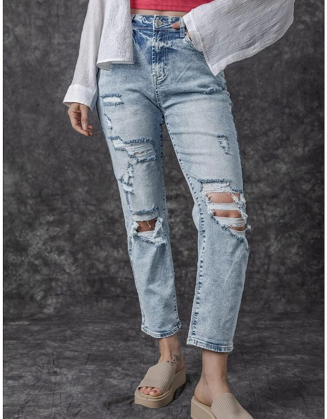 Sky Blue Light Wash Frayed Slim Fit High Waist Jeans
