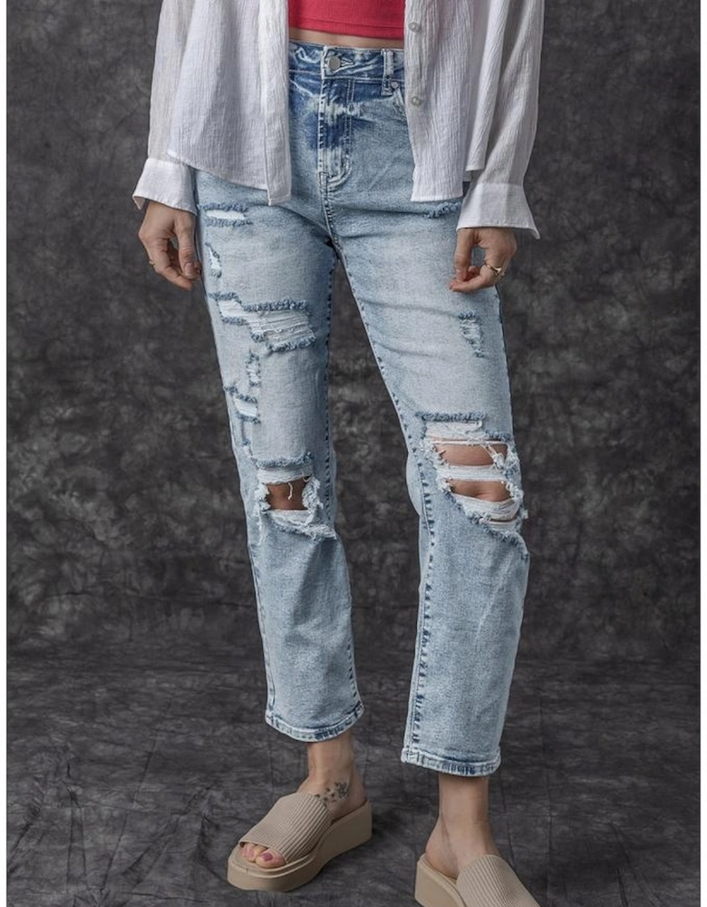Sky Blue Light Wash Frayed Slim Fit High Waist Jeans