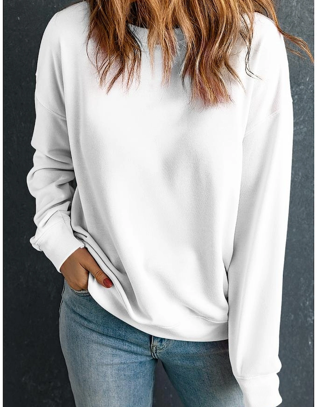 Beige Solid Classic Crewneck Pullover Sweatshirt, 5 of 4