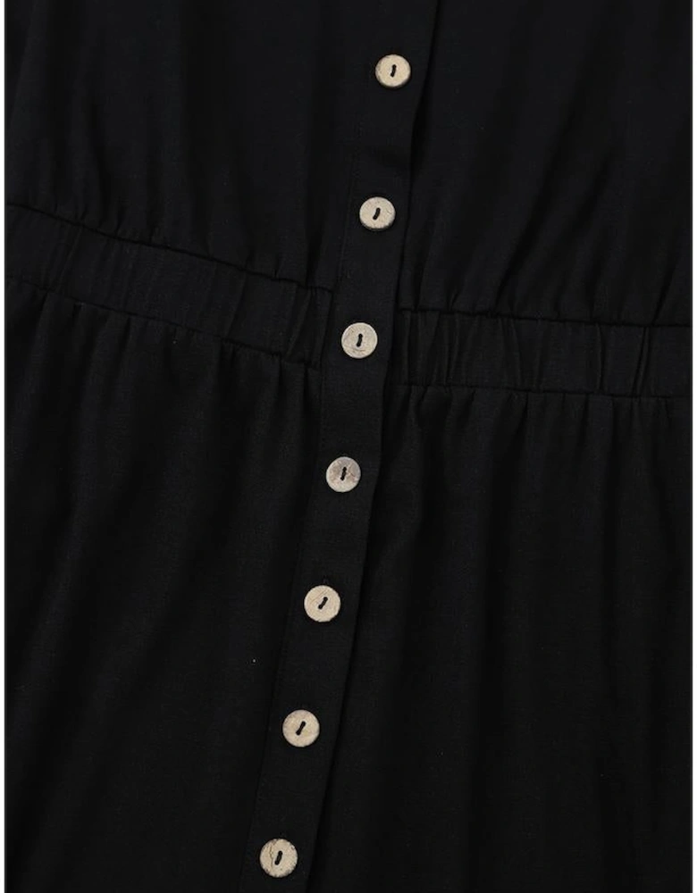 Black Button Up High Waist Long Sleeve Dress