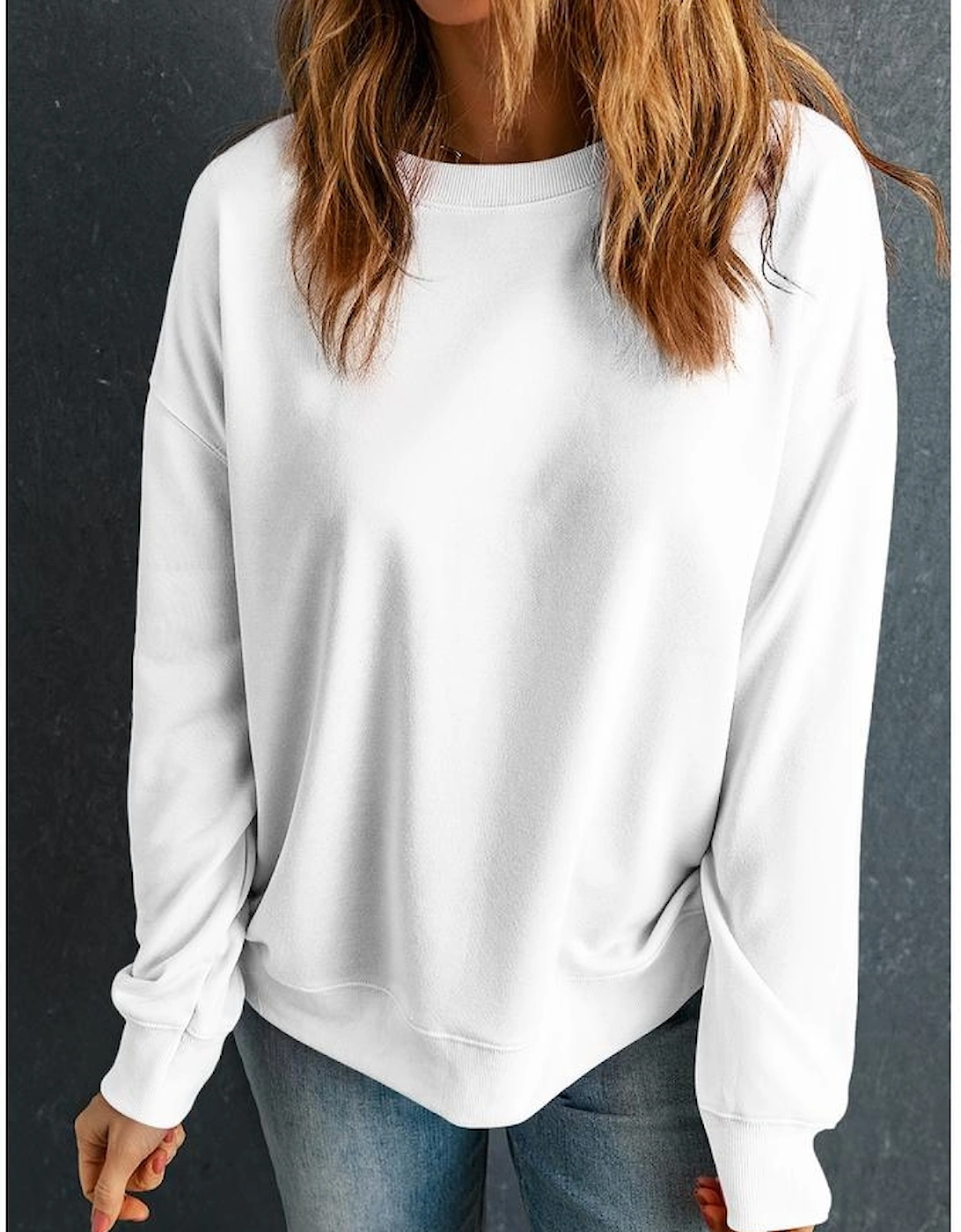 Beige Solid Classic Crewneck Pullover Sweatshirt