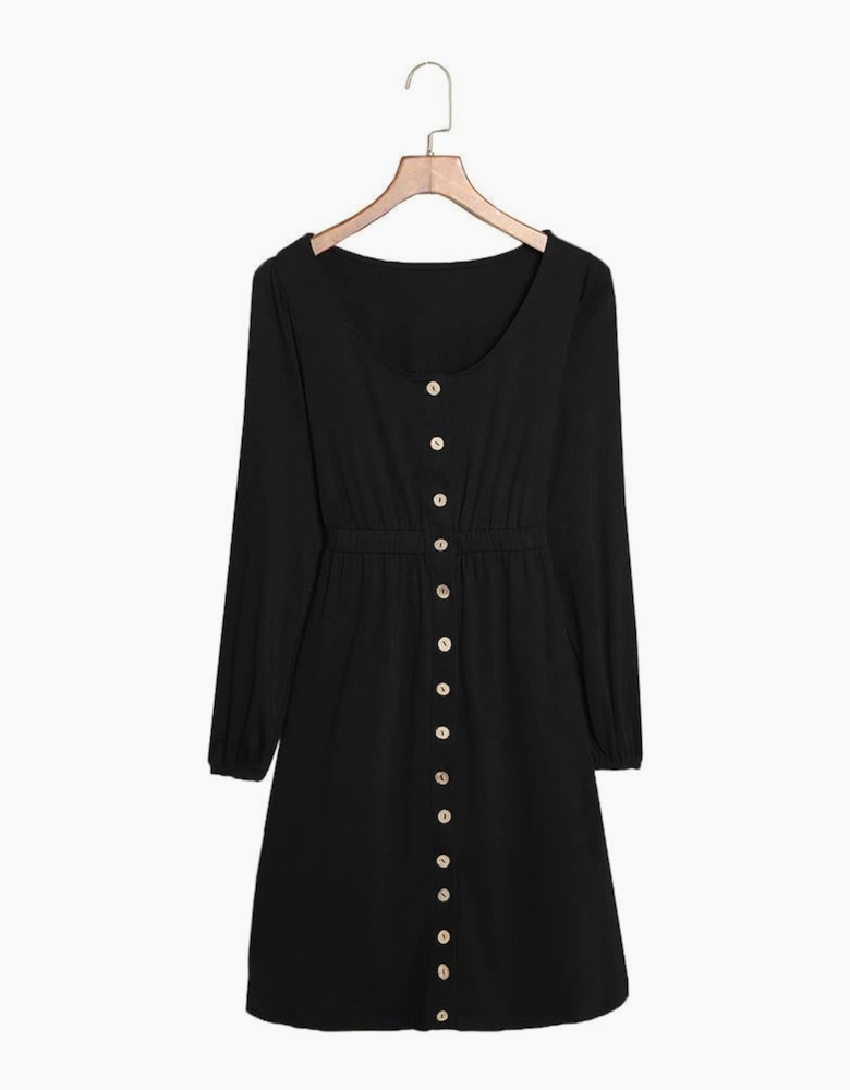 Black Button Up High Waist Long Sleeve Dress