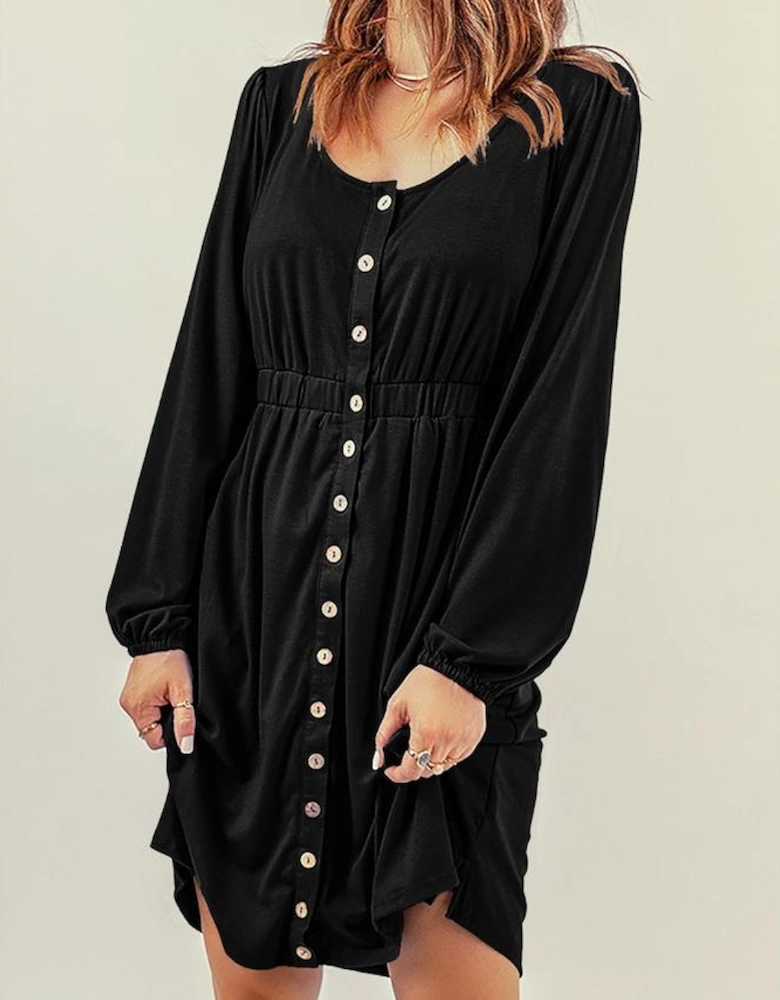 Black Button Up High Waist Long Sleeve Dress