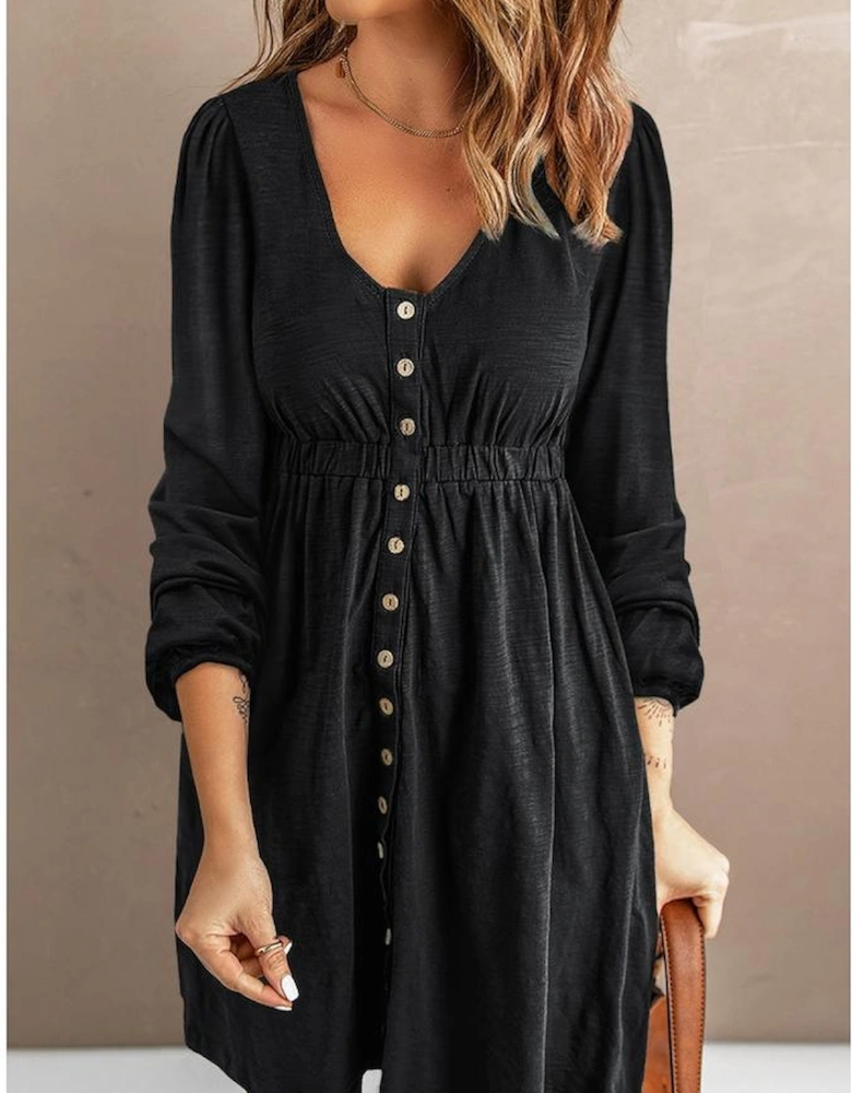 Black Button Up High Waist Long Sleeve Dress