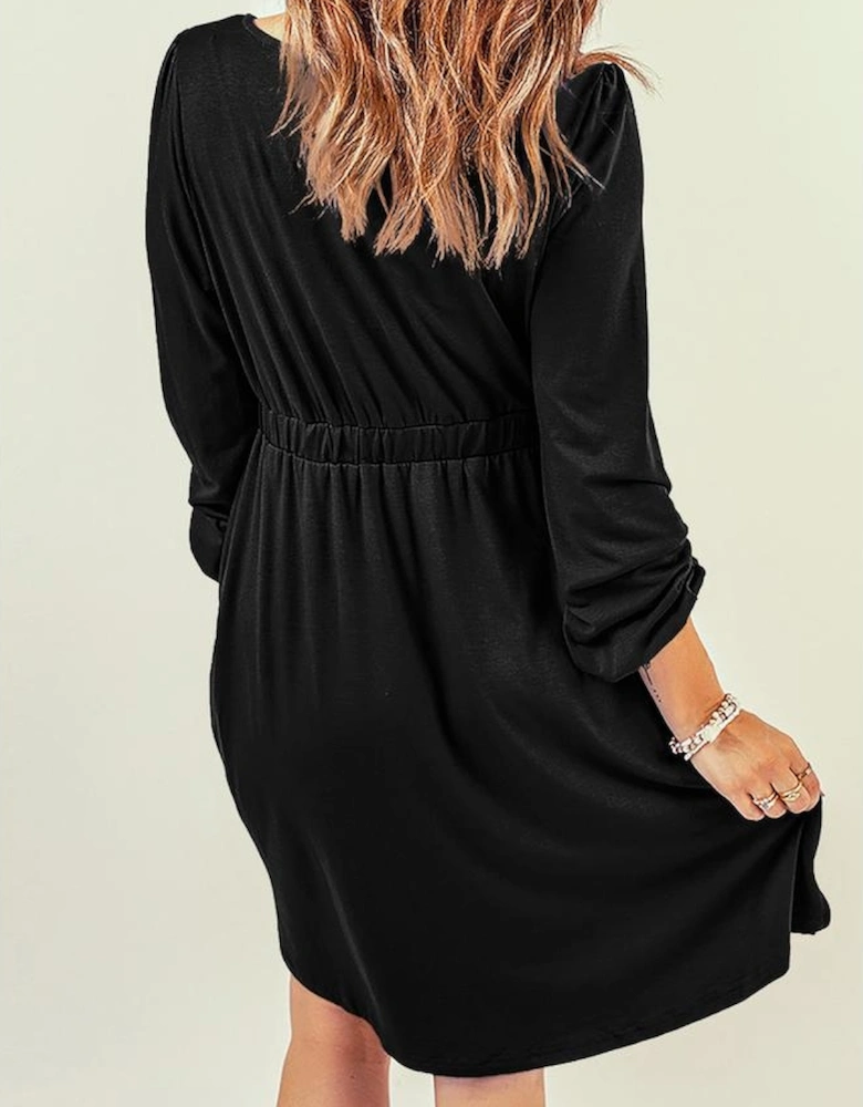 Black Button Up High Waist Long Sleeve Dress