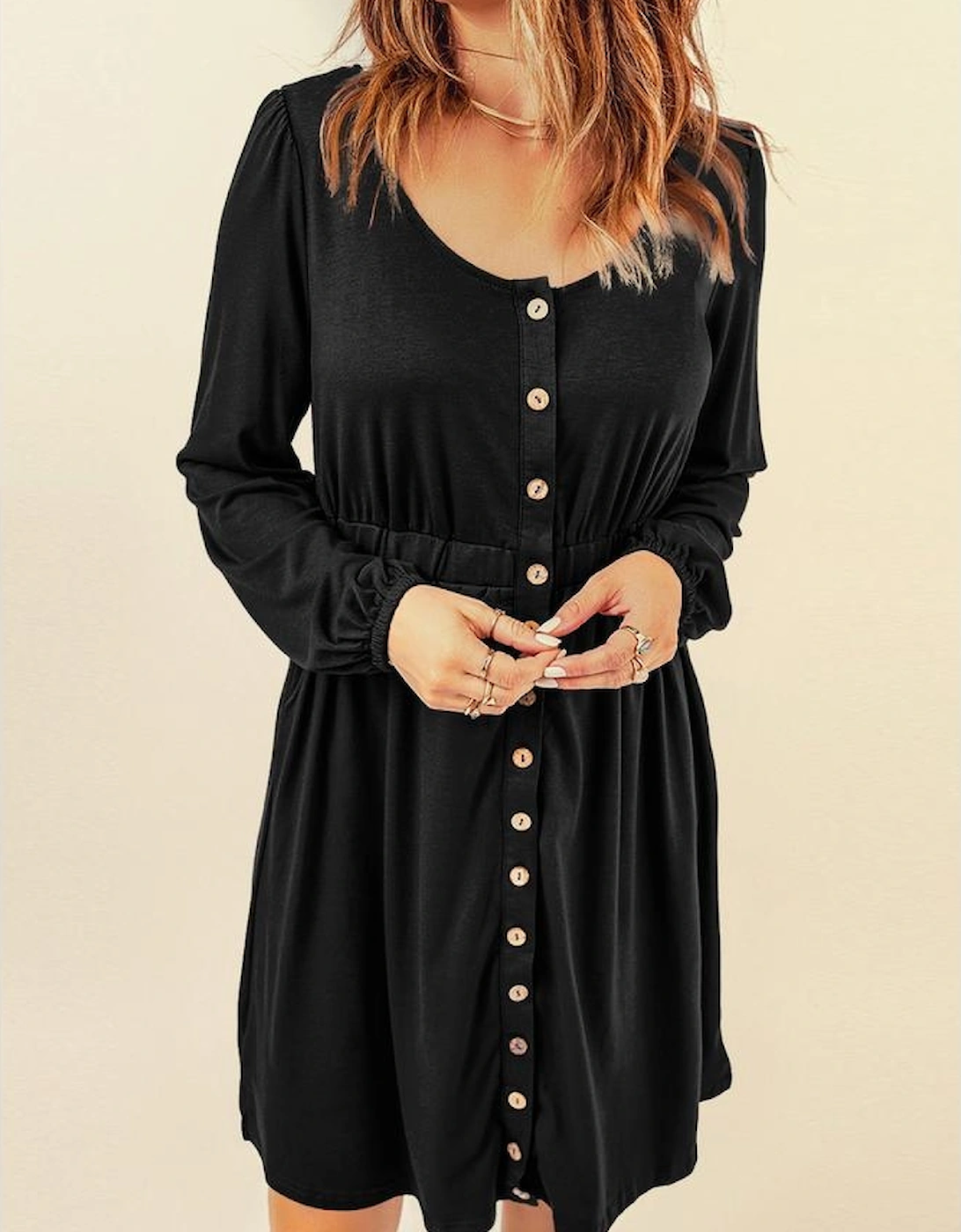 Black Button Up High Waist Long Sleeve Dress