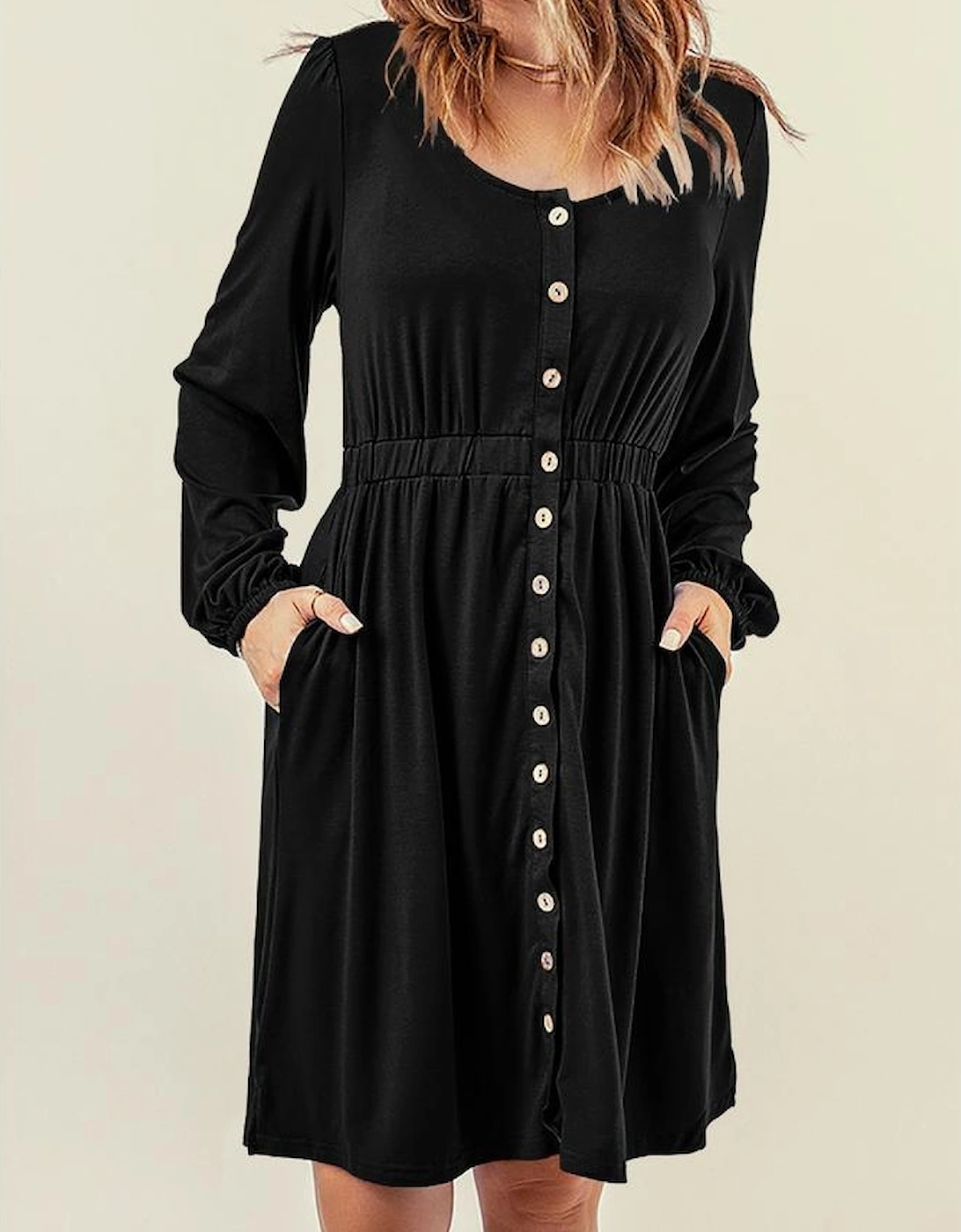 Black Button Up High Waist Long Sleeve Dress