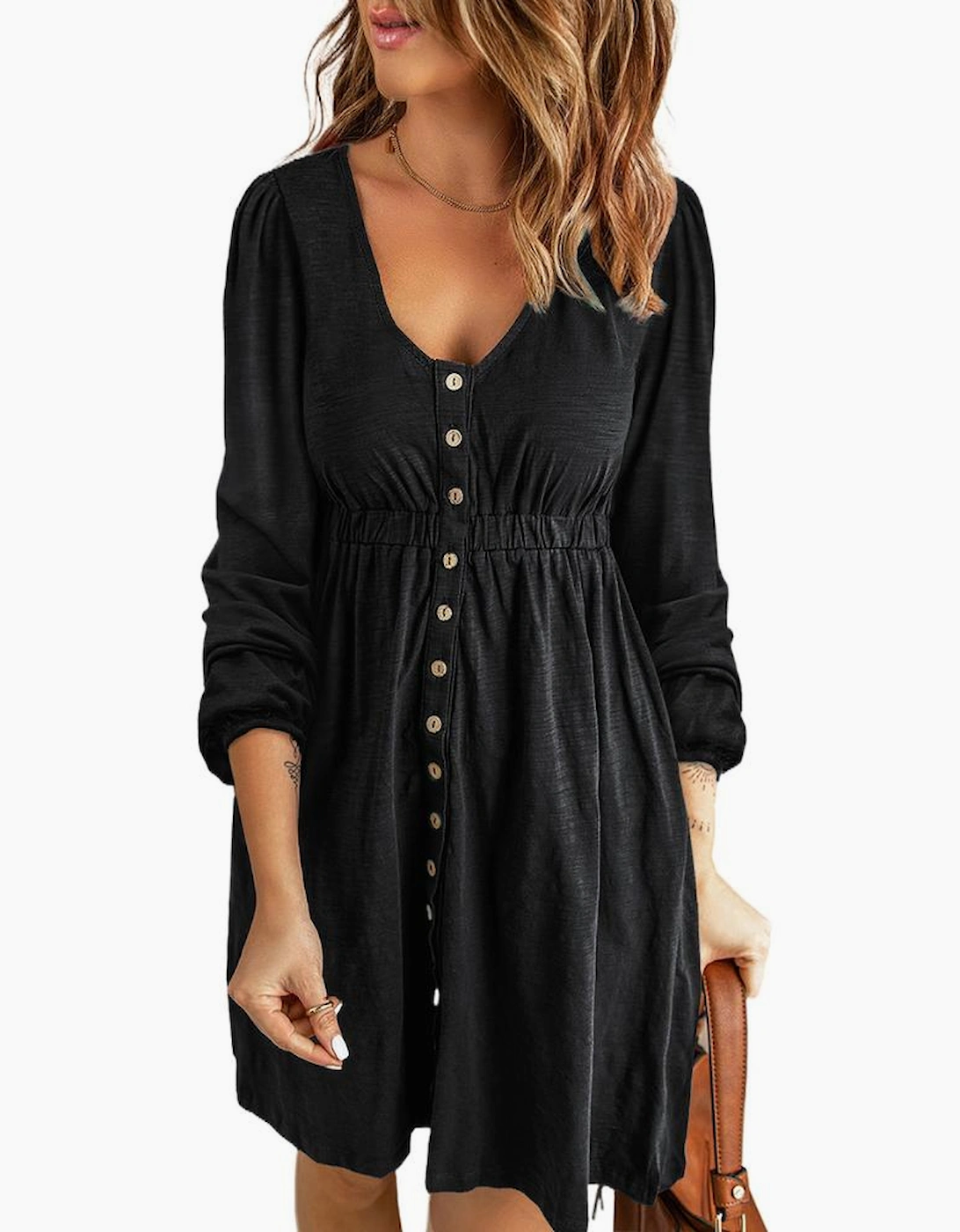 Black Button Up High Waist Long Sleeve Dress