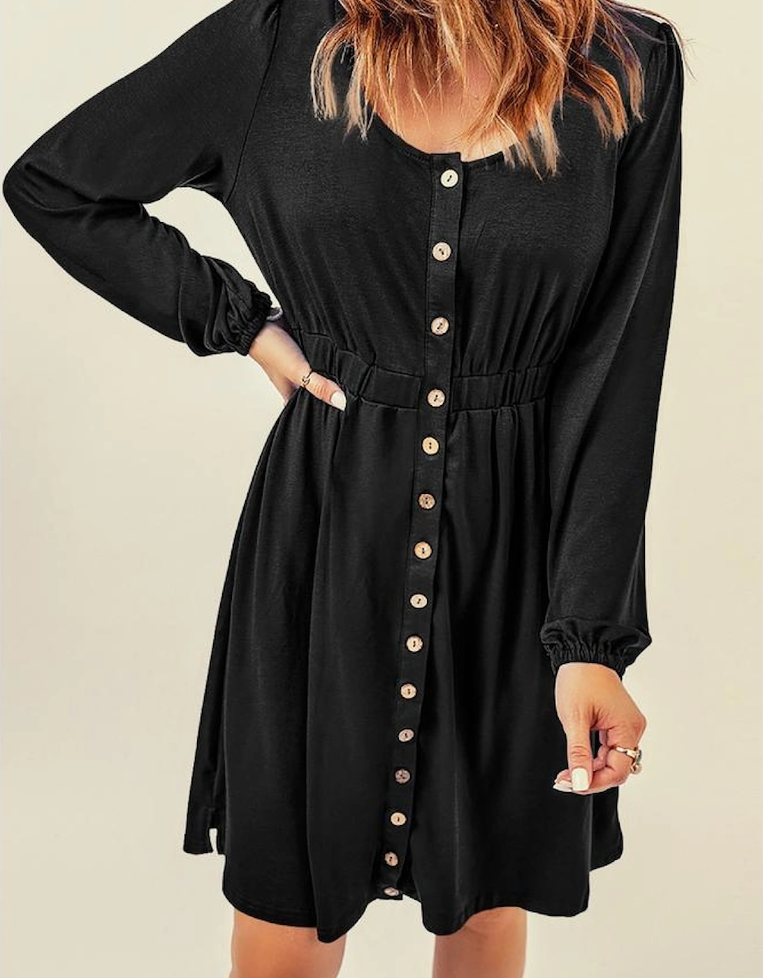 Black Button Up High Waist Long Sleeve Dress