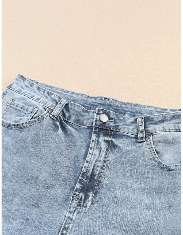 Sky Blue Light Wash Frayed Slim Fit High Waist Jeans