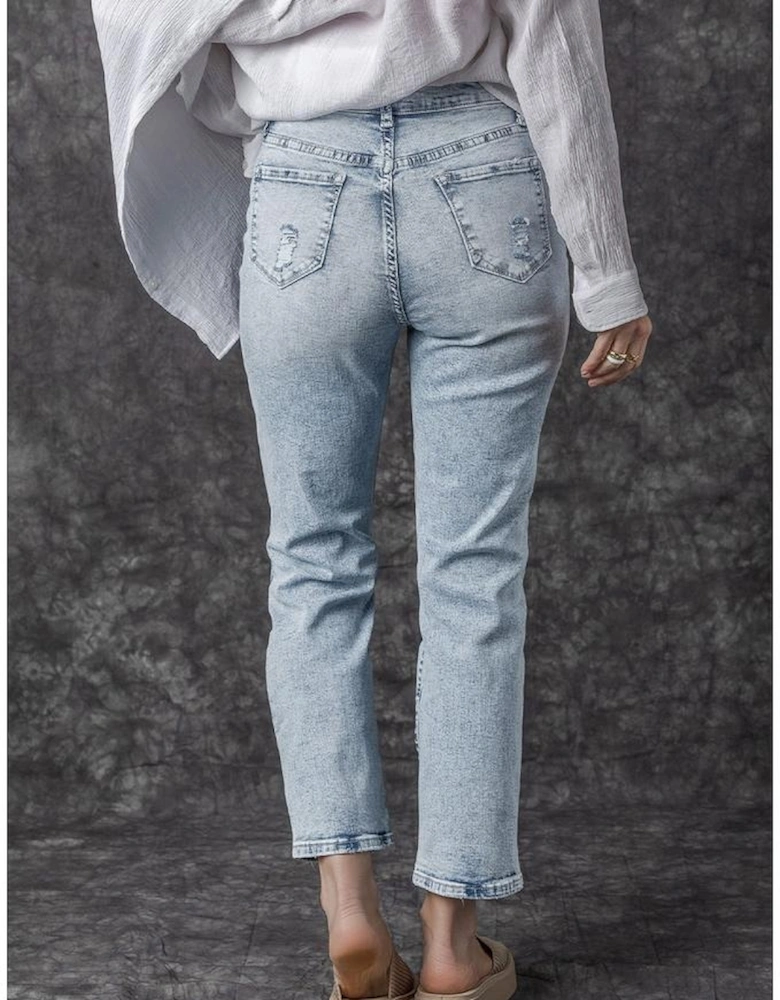 Sky Blue Light Wash Frayed Slim Fit High Waist Jeans