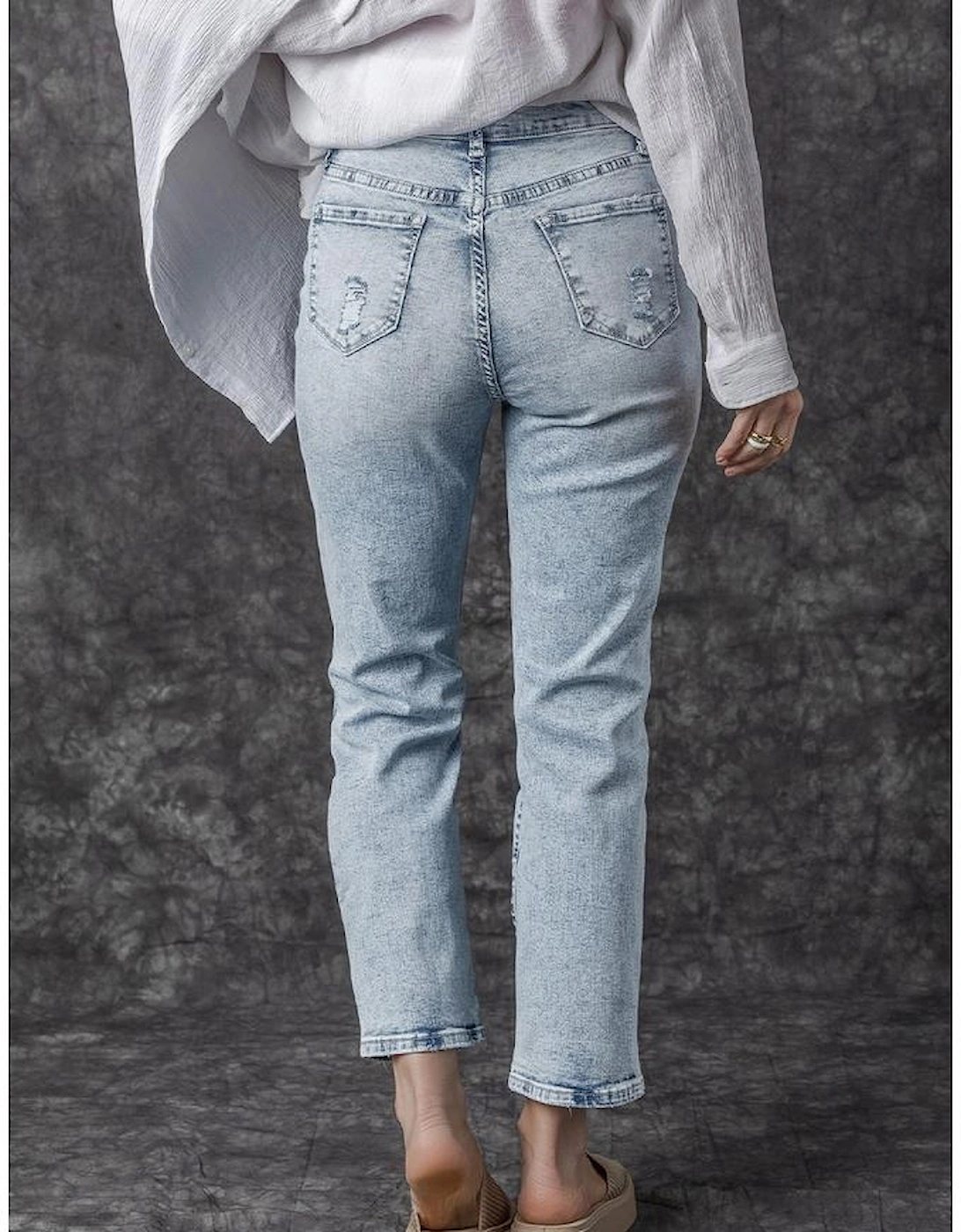 Sky Blue Light Wash Frayed Slim Fit High Waist Jeans