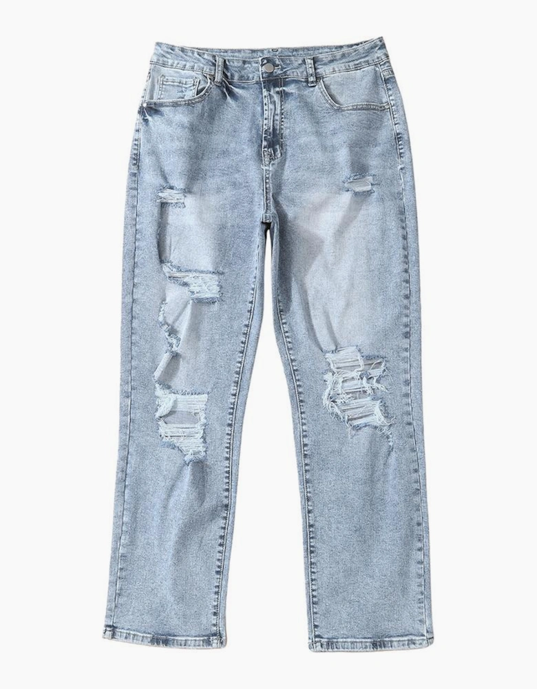 Sky Blue Light Wash Frayed Slim Fit High Waist Jeans