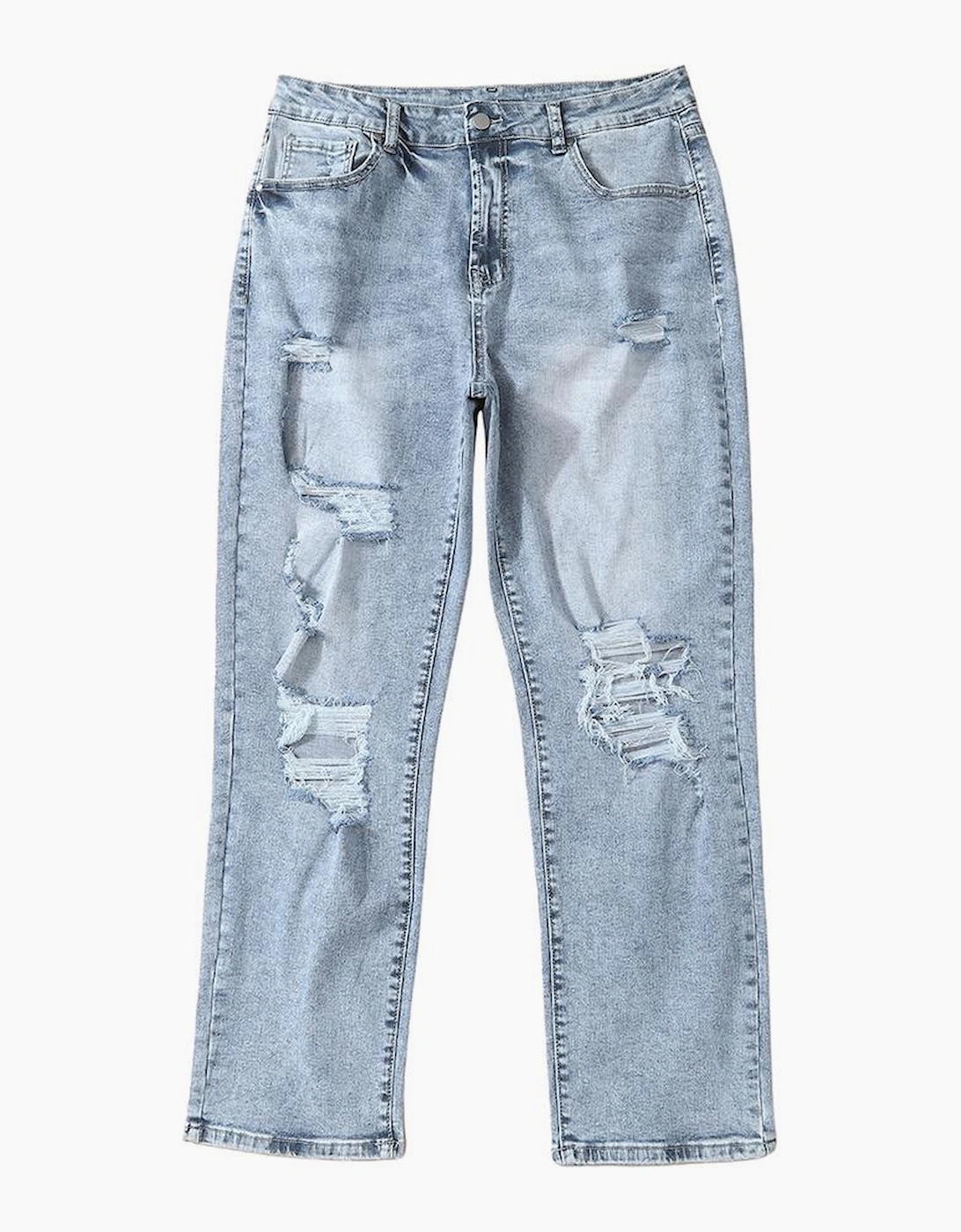 Sky Blue Light Wash Frayed Slim Fit High Waist Jeans