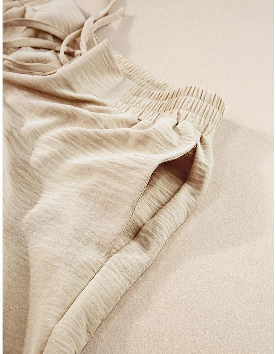 Beige Crinkled Elastic Hem Crop Tee and Wide Leg Pants Set